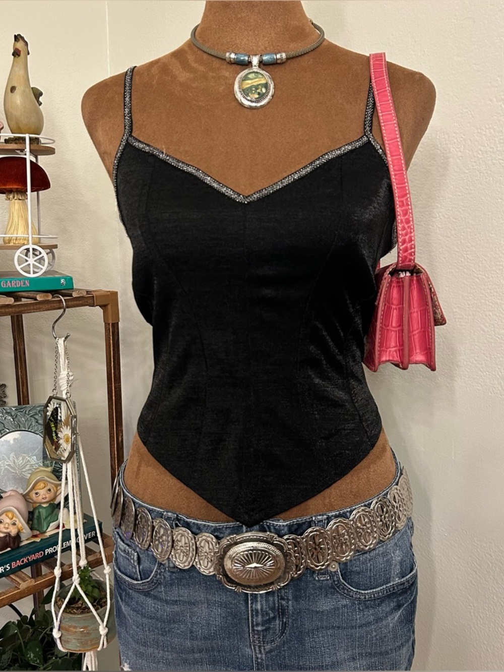 Hot Kiss black v-neck corset style tank w silver trim